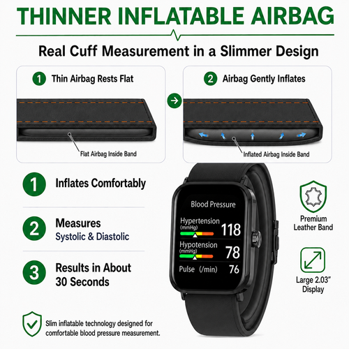 Jakoblife AI Powered FDA 510(k) Cleared Mini Airbag Blood Pressure Smartwatch – No-Pump Night Monitoring, Thin Airbag Cuff & 2.03″ Display