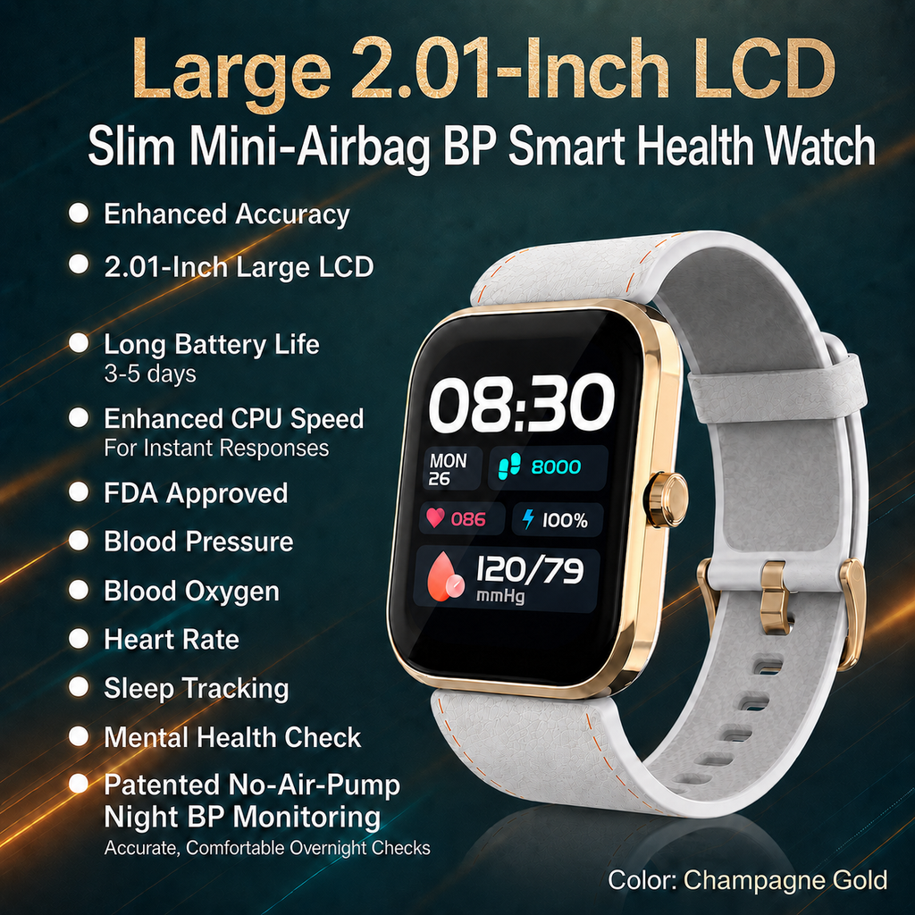 Large LCD AI Gold-Tone  Metal Blood Pressure Smartwatch, Health and Exercise Tracking, FDA 510(k) Cleared