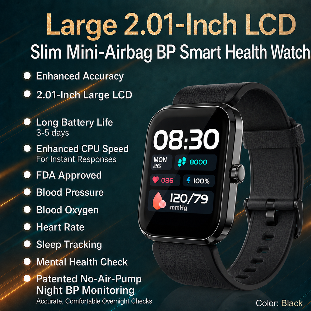 Large LCD AI Black  Metal Blood Pressure Smartwatch, Health and Exercise Tracking, FDA 510(k) Cleared (Copy)