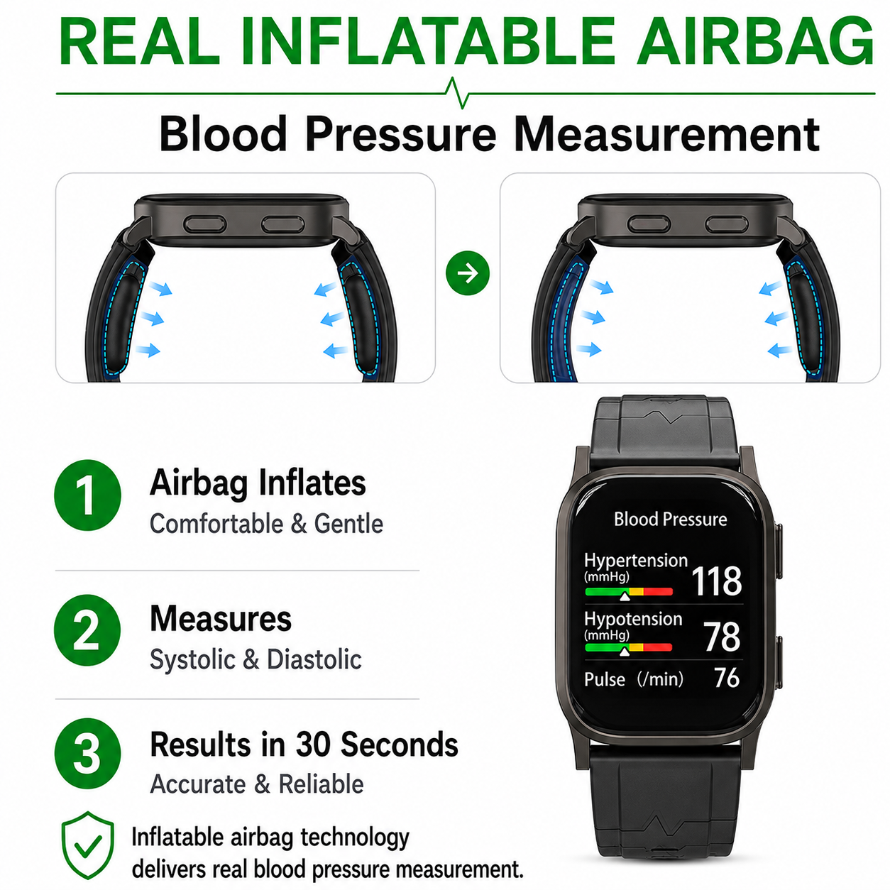 Jakoblife AI Powered FDA-Cleared Blood Pressure Smartwatch with Inflatable Airbag, No-Pump Night Monitoring