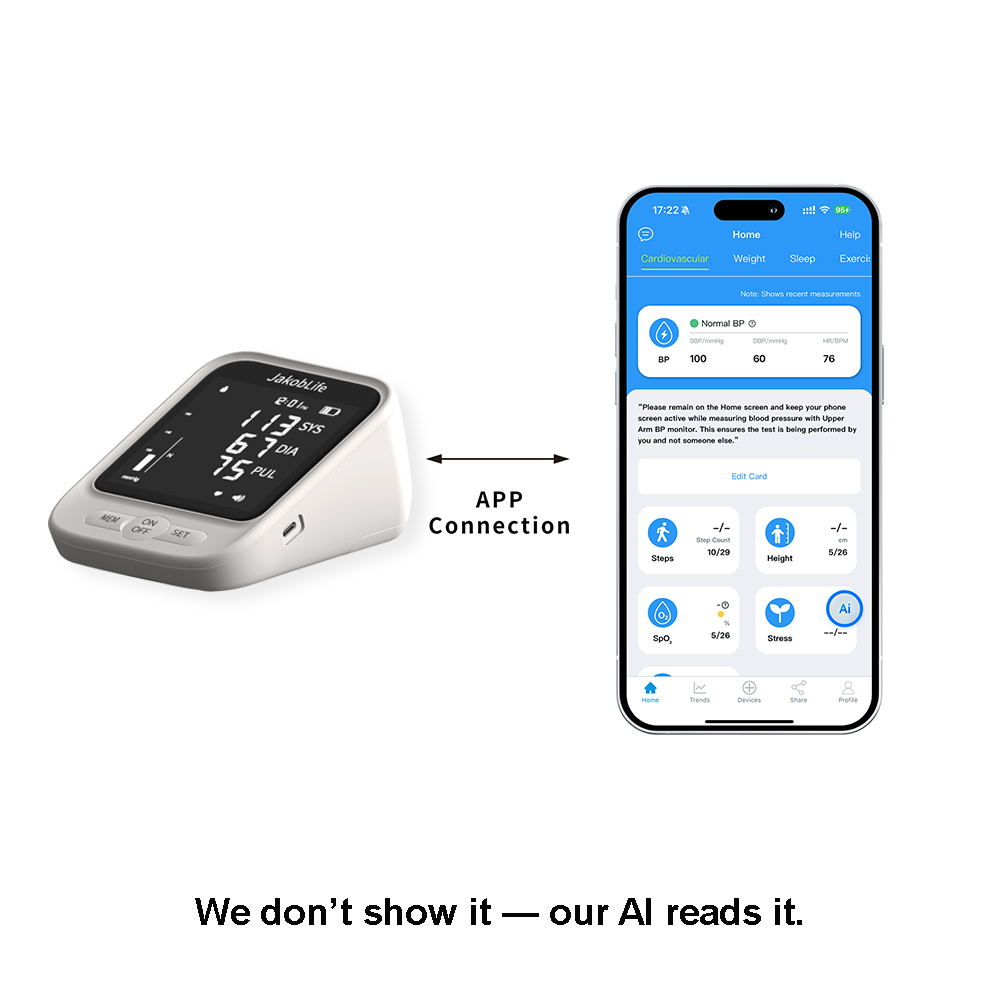 Bluetooth Digital Blood Pressure Monitor, Upper Arm Cuff, 4.5" LCD Display with Voice Function, Chargeable Battery