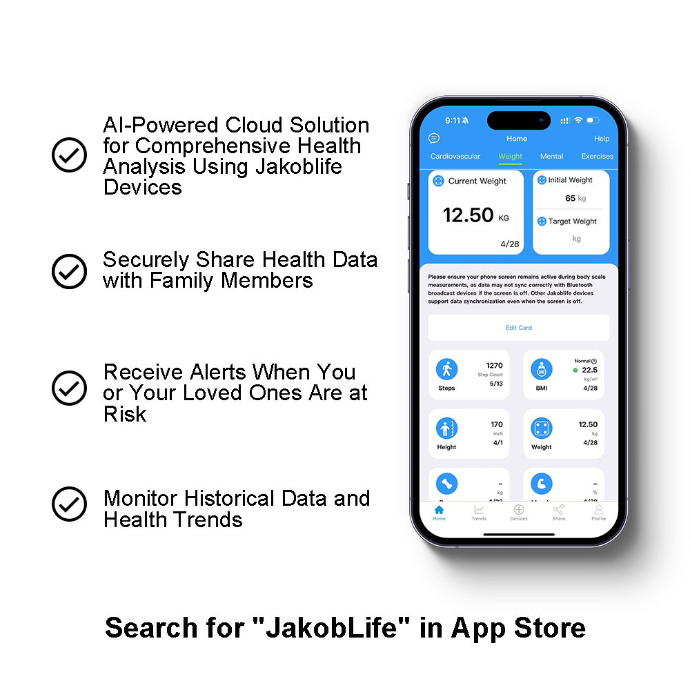 JakobLife Smart Bluetooth Body Scale, Digital Weight Scale with BMI Analysis, Heart Health Tracking, White