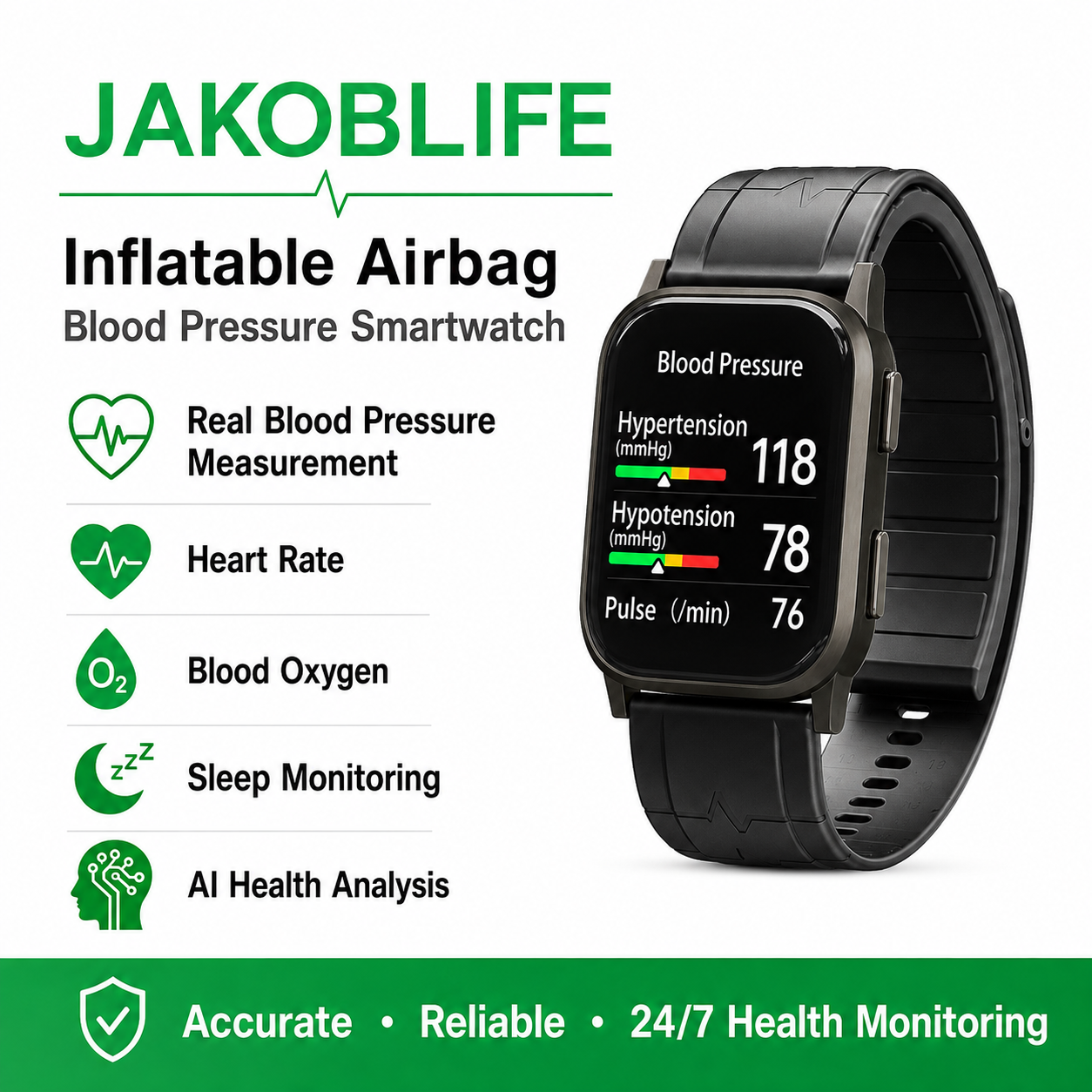 Jakoblife AI Powered FDA-Cleared Blood Pressure Smartwatch with Inflatable Airbag, No-Pump Night Monitoring