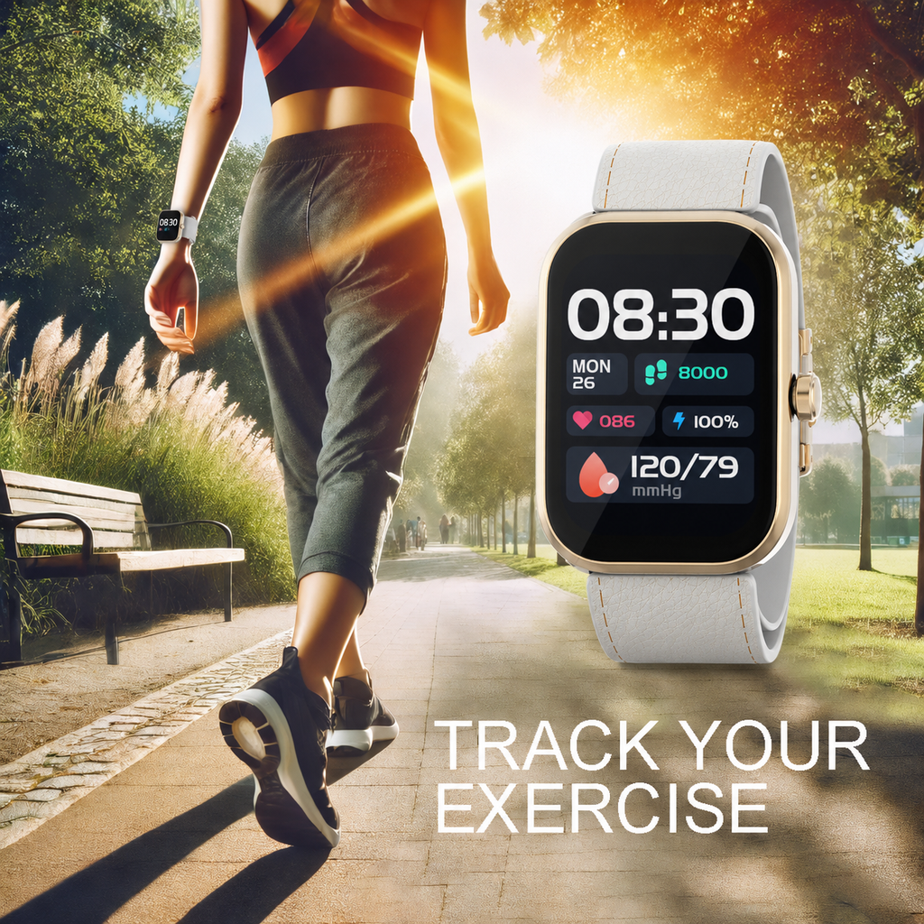 Large LCD AI Gold-Tone  Metal Blood Pressure Smartwatch, Health and Exercise Tracking, FDA 510(k) Cleared