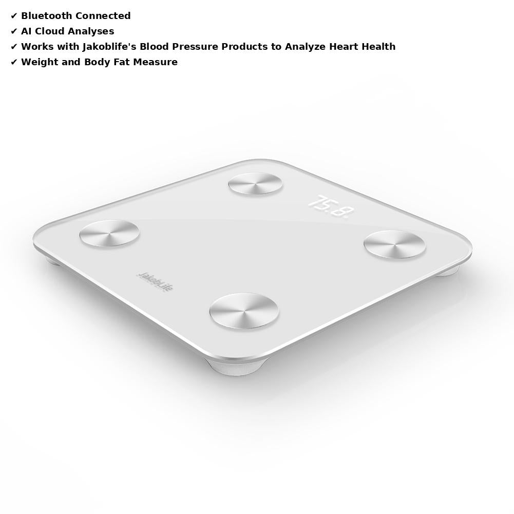 JakobLife Smart Bluetooth Body Scale, Digital Weight Scale with BMI Analysis, Heart Health Tracking, White