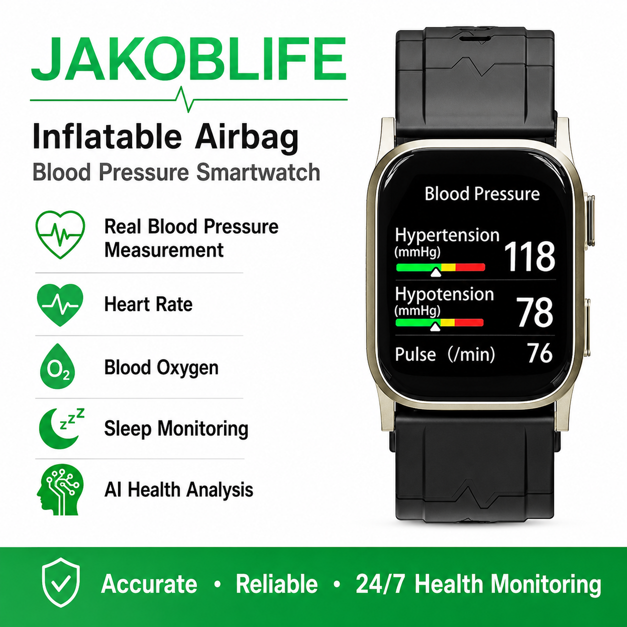 Jakoblife AI Powered FDA-Cleared Blood Pressure Smartwatch with Inflatable Airbag, No-Pump Night Monitoring