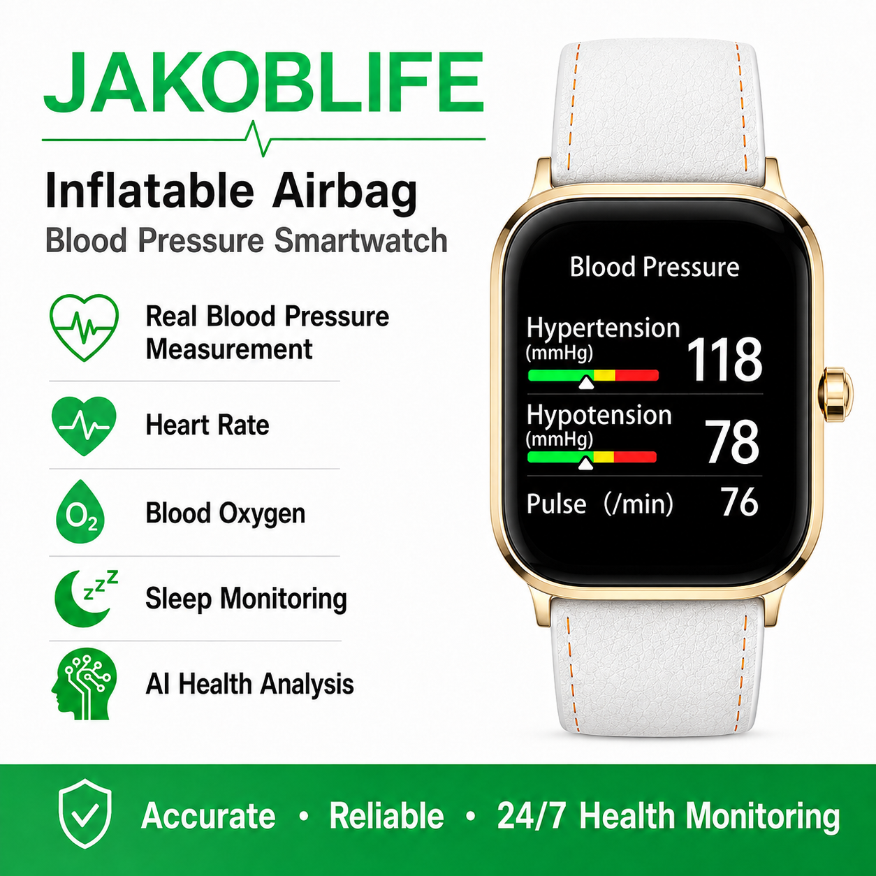 Jakoblife AI Powered FDA 510(k) Cleared Mini Airbag Blood Pressure Smartwatch – No-Pump Night Monitoring, Thin Airbag Cuff & 2.03″ Display