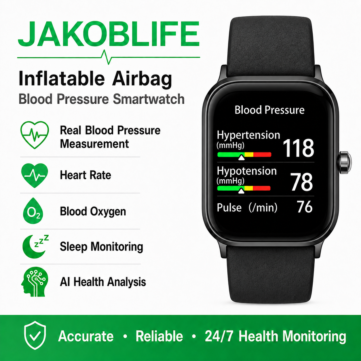 Jakoblife AI Powered FDA 510(k) Cleared Mini Airbag Blood Pressure Smartwatch – No-Pump Night Monitoring, Thin Airbag Cuff & 2.03″ Display