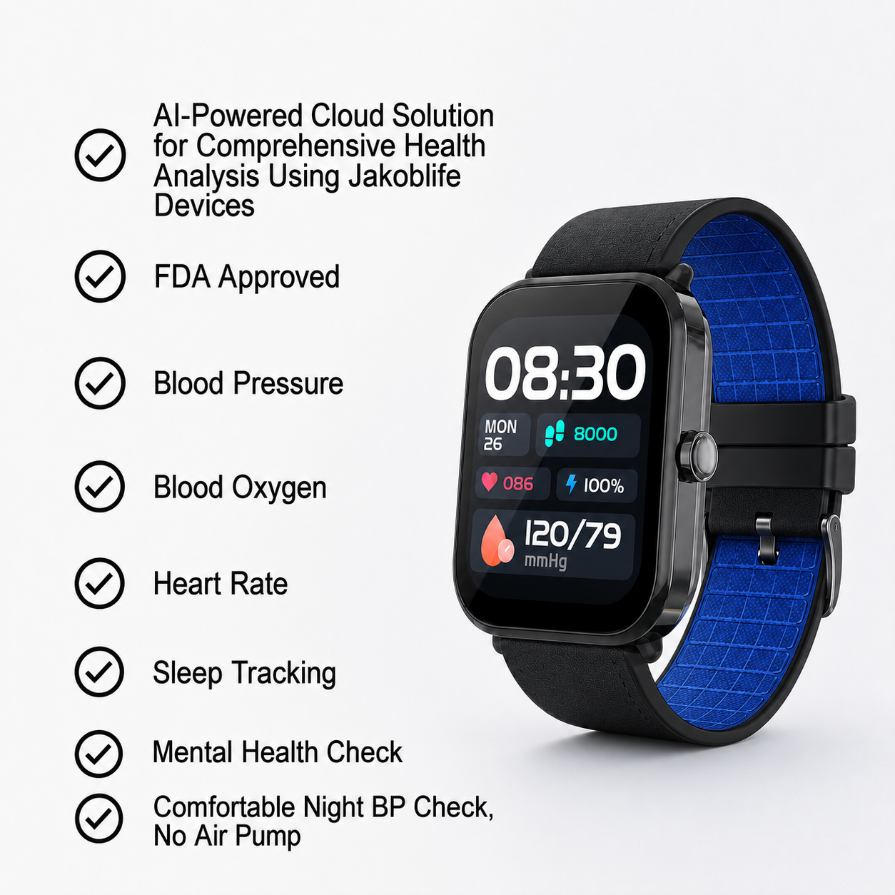 Large LCD AI Black  Metal Blood Pressure Smartwatch, Health and Exercise Tracking, FDA 510(k) Cleared (Copy)