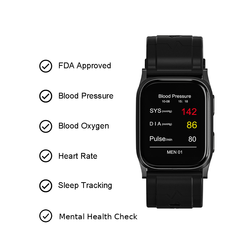 AI Black Lightweight  Blood Pressure Smartwatch, Health and Exercise Tracking, FDA 510(k) Cleared