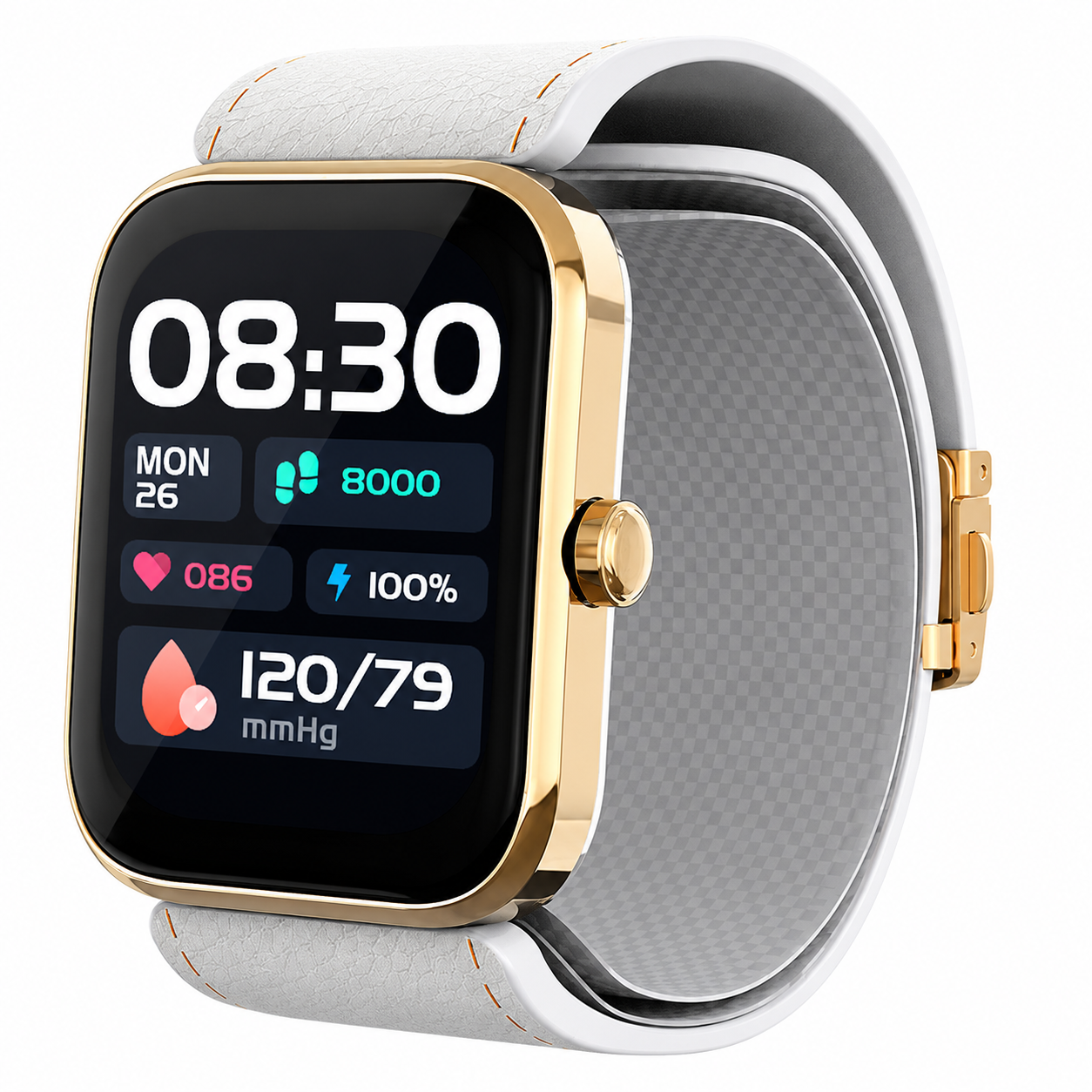 Large LCD AI Gold-Tone  Metal Blood Pressure Smartwatch, Health and Exercise Tracking, FDA 510(k) Cleared
