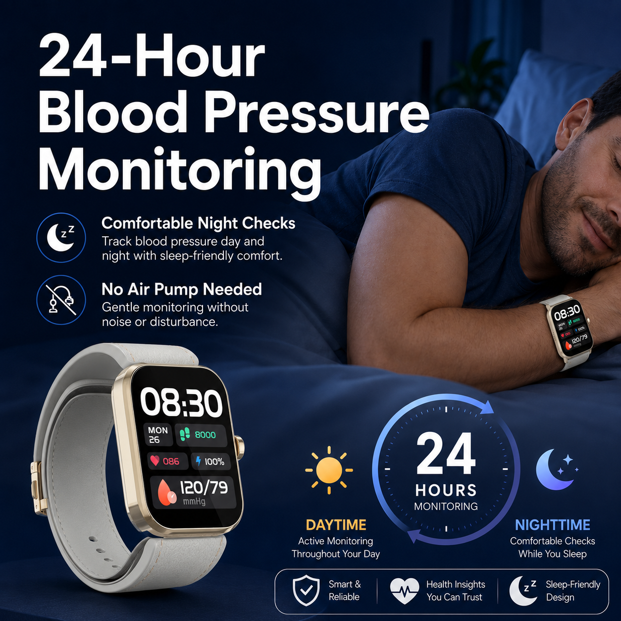Large LCD AI Gold-Tone  Metal Blood Pressure Smartwatch, Health and Exercise Tracking, FDA 510(k) Cleared