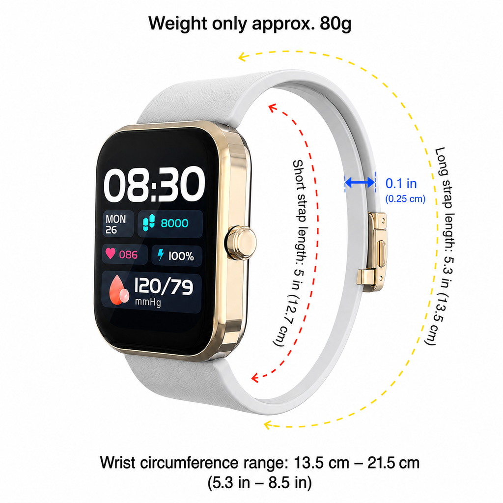 Large LCD AI Gold-Tone  Metal Blood Pressure Smartwatch, Health and Exercise Tracking, FDA 510(k) Cleared