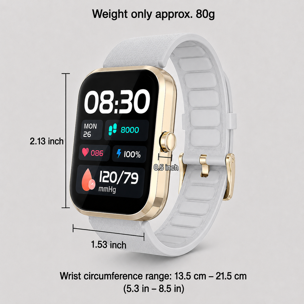 Large LCD AI Gold-Tone  Metal Blood Pressure Smartwatch, Health and Exercise Tracking, FDA 510(k) Cleared