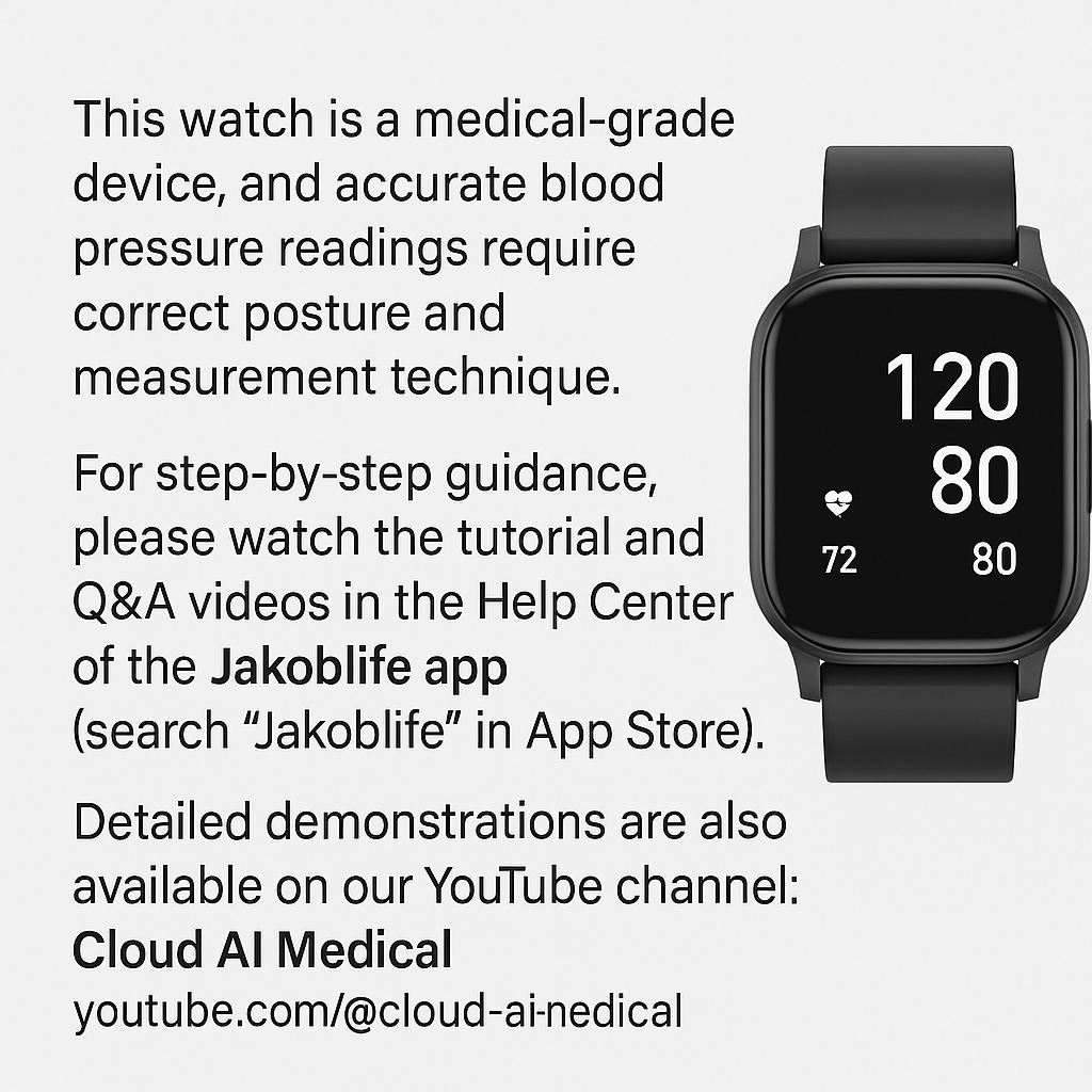 Black Lightweight  Blood Pressure Smartwatch, Health and Exercise Tracking, FDA 510(k) Cleared